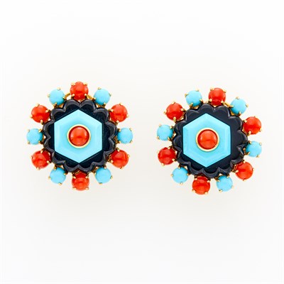 Lot 126 - Pair of Gold, Turquoise, Black Onyx and Coral Earclips
