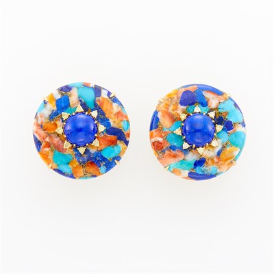 Lot 147 - Pair of Gold, Lapis, Hardstone Aggregate and Diamond Earclips