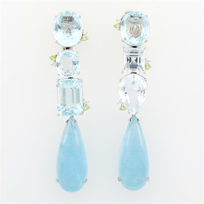 Lot 51 - Pair of White Gold, Aquamarine, Green Apatite and Diamond Pendant-Earclips