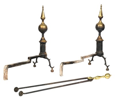 Lot 1381 - Pair of Federal Brass Steeple-Top Andirons and...