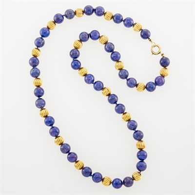 Lot 1 - Lapis and Fluted Gold Bead Necklace