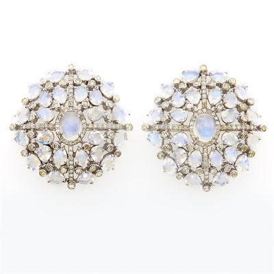 Lot 52 - Pair of Silver, Gold, Moonstone and Diamond Earrings