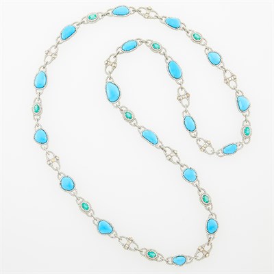 Lot 65 - Long Silver, Gold, Turquoise, Diamond and Emerald Chain Necklace