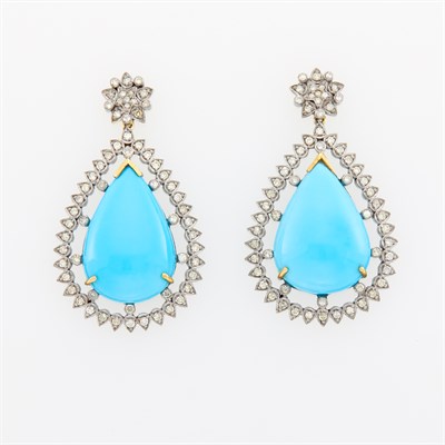 Lot 66 - Pair of Silver, Gold, Reconstituted Turquoise and Diamond Pendant-Earrings