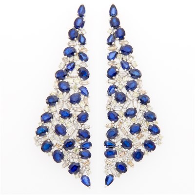 Lot 56 - Pair of Silver, Gold, Sapphire and Diamond Pendant-Earrings