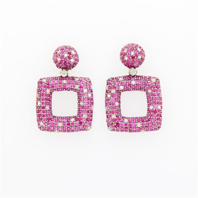 Lot 49 - Pair of Silver, Gold, Ruby and Diamond Pendant-Earrings