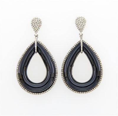 Lot 72 - Pair of Silver, Gold, Black Onyx and Diamond Pendant-Earrings