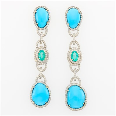 Lot 73 - Pair of Silver, Gold, Reconstituted Turquoise, Emerald and Diamond Pendant-Earrings