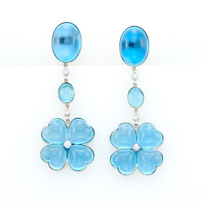 Lot 70 - Pair of White Gold, Cabochon Blue Topaz and Diamond Flower Pendant-Earrings