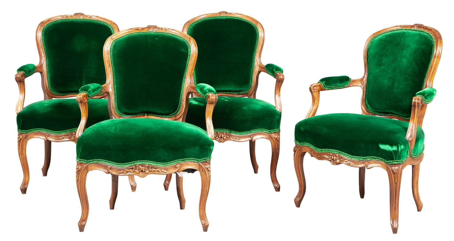 Lot 511 - Set of Four Louis XV Green Velvet-Upholstered...