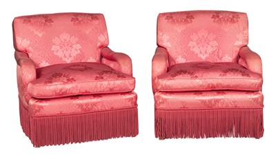 Lot 315 - Pair of Silk Damask Club Chairs Height 31 1/2...