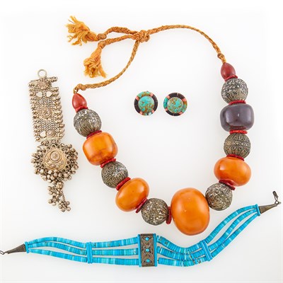 Lot 1253 - Triple Strand Silver and Turquoise Bead Necklace, Amber and Metal Bead Necklace, Pair of Earclips and Silver Tassel