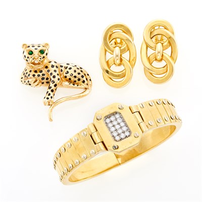 Lot 221 - Two-Color Gold and Diamond Bangle Bracelet, Enamel Leopard Brooch and Pair of Earrings