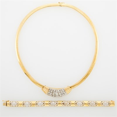 Lot 217 - Two-Color Gold and Diamond Enhancer with Gold Omega Link Necklace and Bracelet