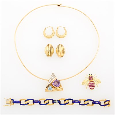 Lot 219 - Gold Collar Necklace with Diamond and Colored Stone Enhancer, Ruby Bee Pin, Enamel Bracelet and Two Pairs of Earrings