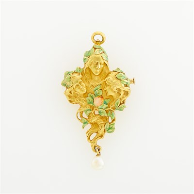 Lot 161 - Art Nouveau Gold, Enamel and Baroque Pearl Pendant-Pin