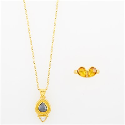 Lot 105 - Gurhan High Karat Gold and Citrine Ring and Black Diamond and Diamond Pendant-Necklace