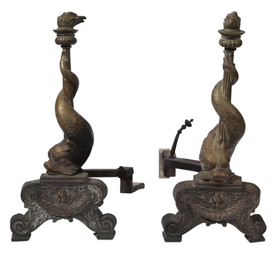 Lot 152 - Pair of Brass Dolphin-Form Andirons Height 24...