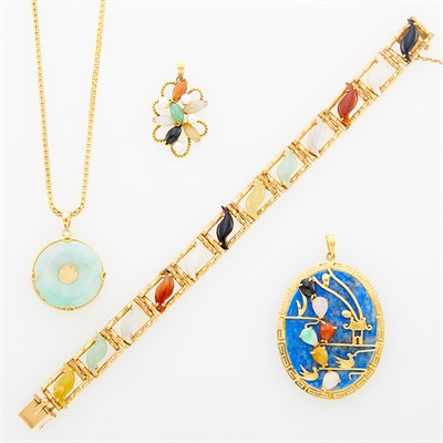 Lot 214 - Group of Gold, Hardstone and Multicolored Jade Jewelry