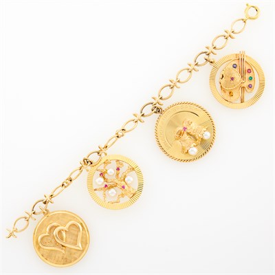 Lot 211 - Gold, Gem-Set and Cultured Pearl Charm Bracelet
