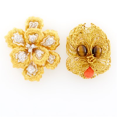 Lot 114 - Two-Color Gold and Diamond Flower Brooch and Dog Clip-Brooch