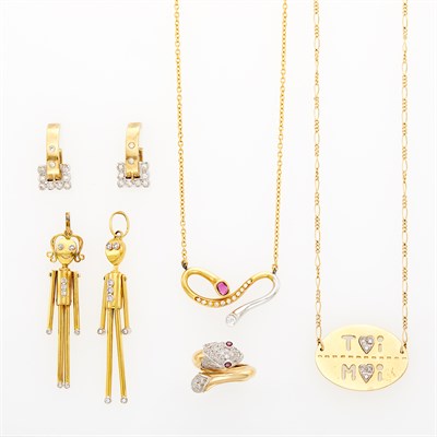 Lot 232 - Group of Two-Color Gold, Diamond and Ruby Jewelry