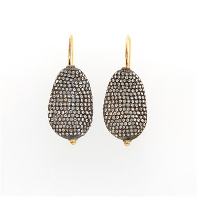 Lot 42 - Pair of Gold, Blackened Silver and Diamond Pendant-Earrings