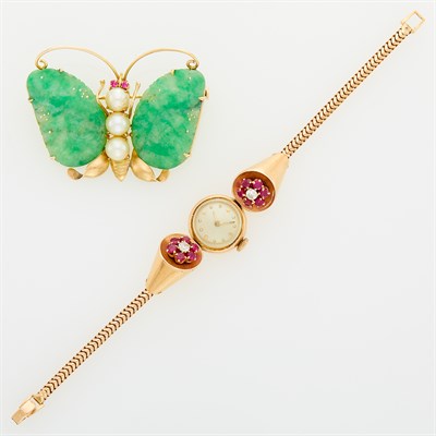 Lot 205 - Rose Gold, Ruby and Diamond Wristwatch and Gold, Carved Jade and Cultured Pearl Butterfly Pin
