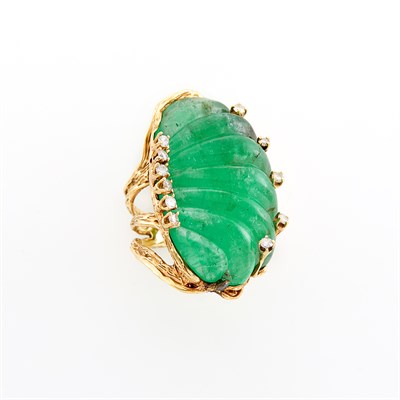 Lot 213 - Gold, Carved Emerald and Diamond Ring