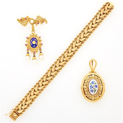Lot 160 - Gold, Enamel, Ruby and Cultured Pearl Pendant, Pin and Bracelet