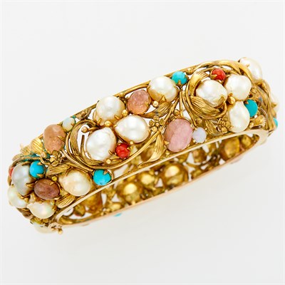 Lot 17 - Gold, Baroque Cultured Pearl, Coral, Turquoise and Gem-Set Bangle Bracelet