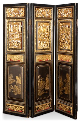 Lot 1005 - A Chinese Gilded and Lacquer Three-Panel...
