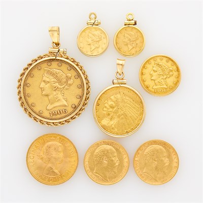 Lot 240 - Four Gold Coins and Four Gold and Gold Coin Pendants