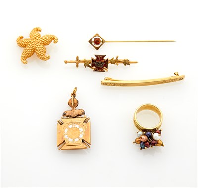 Lot 238 - Three Gold Pins, Citrine Stick Pin, Maltese Cross Pendant and Freshwater Pearl Fringe Band Ring
