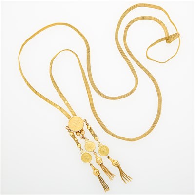 Lot 171 - Long Gold, Low Karat Gold and Gold Coin Slide Necklace