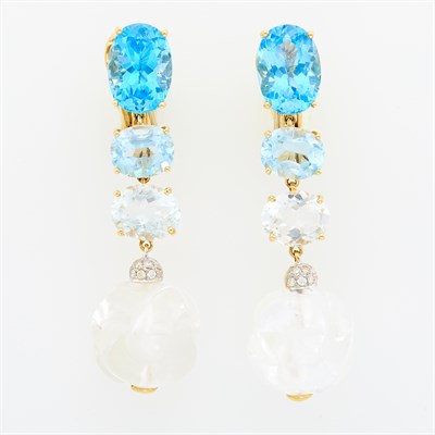 Lot 11 - Pair of Gold, Aquamarine, Blue Topaz, Carved Rock Crystal and Diamond Pendant-Earclips