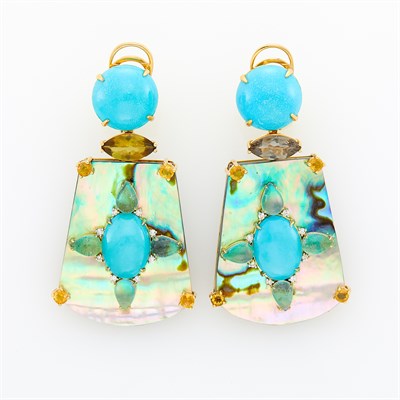 Lot 111 - Pair of Gold, Abalone Shell, Turquoise and Multicolored Tourmaline Pendant-Earclips