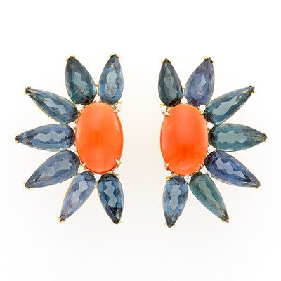 Lot 1141 - Pair of Gold, Coral and Blue Tourmaline Earclips