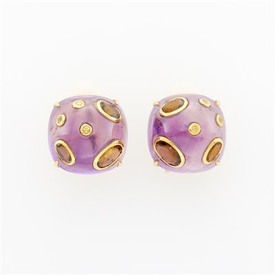 Lot 1228 - Pair of Gold, Amethyst, Tourmaline and Diamond Earclips