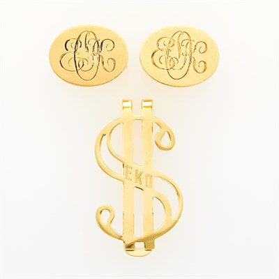 Lot 204 - Gold Money Clip and Tiffany & Co. Pair of Gold Monogram Cufflinks