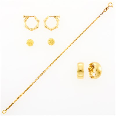 Lot 206 - Gold Chain Bracelet, Pair of Gold Knot Stud Earrings and Tiffany & Co. Two Pairs of Gold Hoop Earrings