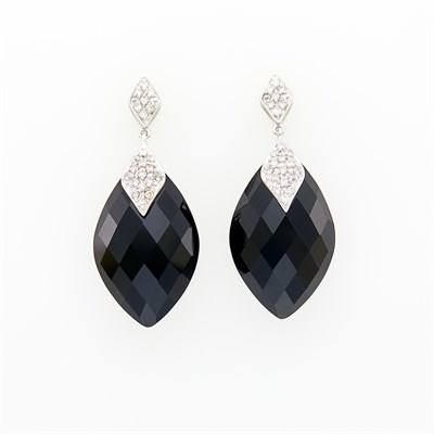 Lot 58 - Pair of White Gold Diamond and Black Onyx Pendant-Earrings