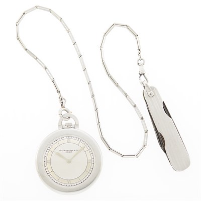 Lot 80 - Patek Philippe Platinum Open Face Pocket Watch with Chain and Tiffany & Co. Pocket Knife