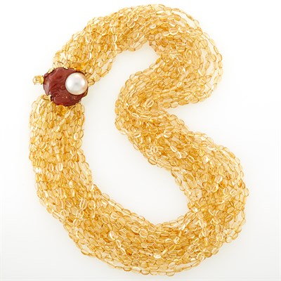 Lot 248 - Multistrand Citrine Bead Torsade Necklace with Gold, Mabé Pearl, Citrine and Red Hardstone Clasp