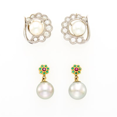 Lot 145 - Pair of White Gold, Cultured Pearl and Diamond Earrings and Pair of Gold, Gray Cultured Pearl and Gem-Set Earrings