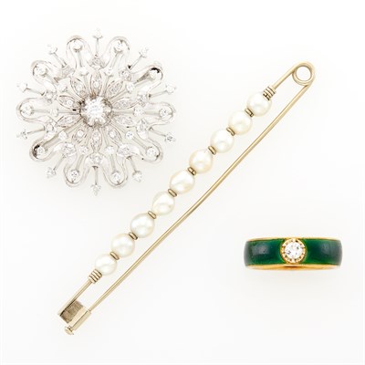 Lot 176 - Group of Two-Color Gold, Diamond, Cultured Pearl and Enamel Jewelry