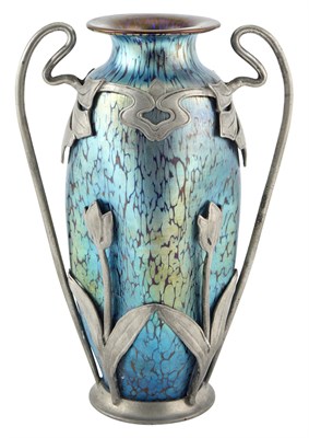 Lot 301 - Bohemian Art Nouveau Pewter Mounted Iridescent...