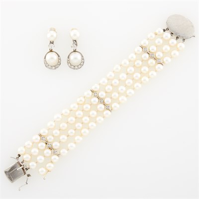 Lot 153 - Four Strand Cultured Pearl, White Gold and Diamond Bracelet and Pair of Pendant-Earclips