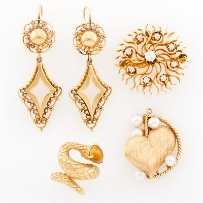 Lot 190 - Pair of Gold Pendant-Earrings, Tiger's Eye Serpent Ring, Diamond Starburst Brooch and Cultured Pearl Heart Pendant