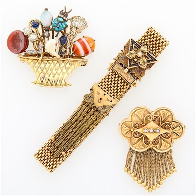 Lot 169 - Gold, Black Enamel and Split Pearl Fringe Bracelet and Pendant-Brooch and Gold, Silver and Gem-Set Stick Pin Brooch